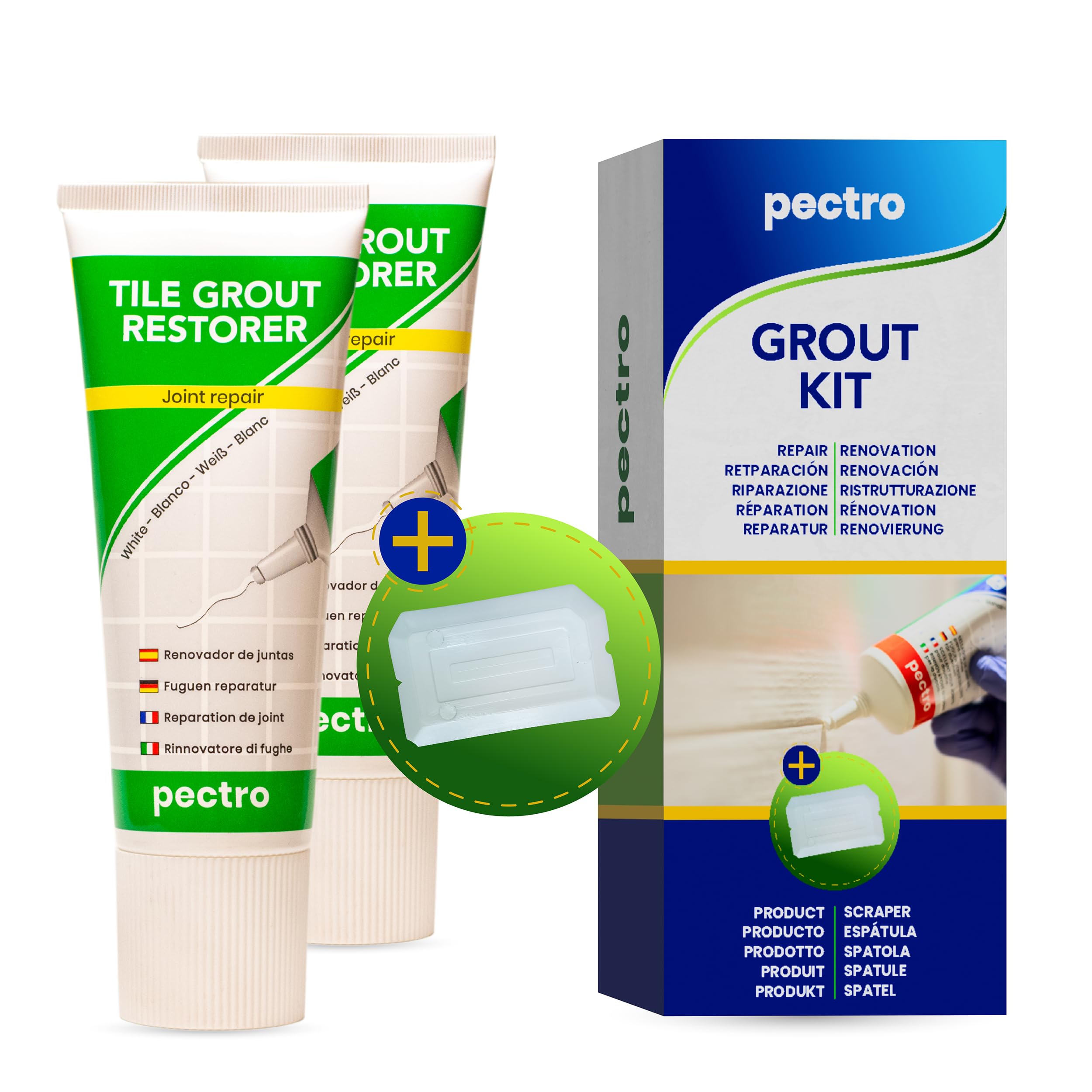 PECTRO - KIT x 2 Tile Grout Restorer + 2 Scraper | Fill and bleach The joints | Joint Repair and Reviver (14,12oz - 400g) | White joints like new in bathrooms & kitchens and any room (KIT x 2)