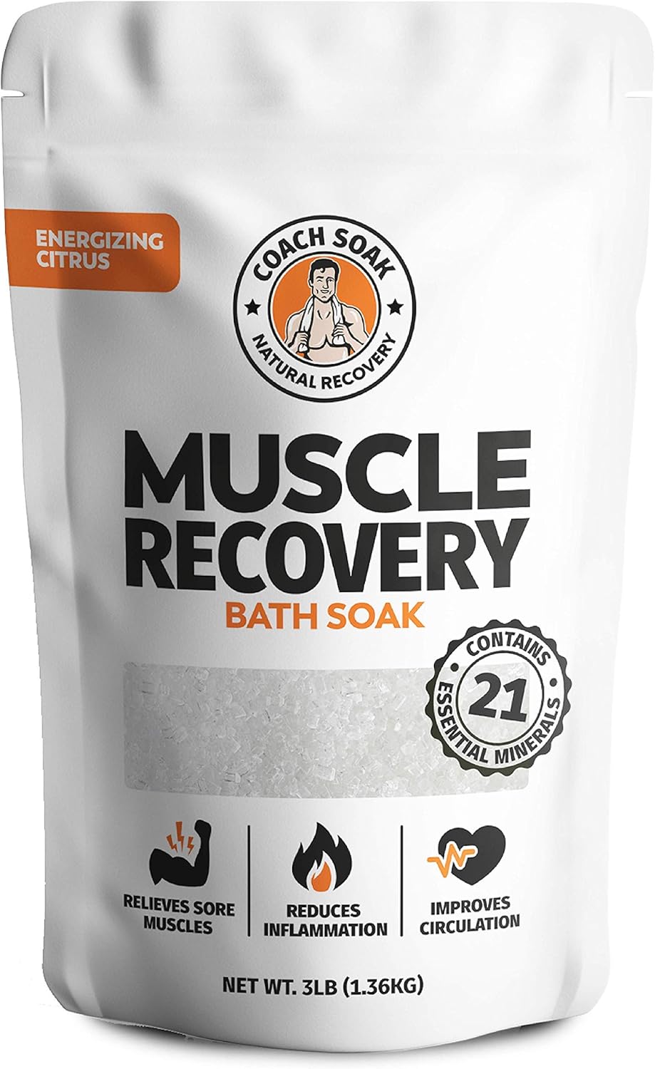 Coach Soak: Muscle Recovery Bath Soak - Natural Magnesium Muscle Relief & Joint Soother - 21 Minerals, Essential Oils & Dead Sea Salt - Absorbs Faster Than Epsom Salt for Soaking (Energizing Citrus)