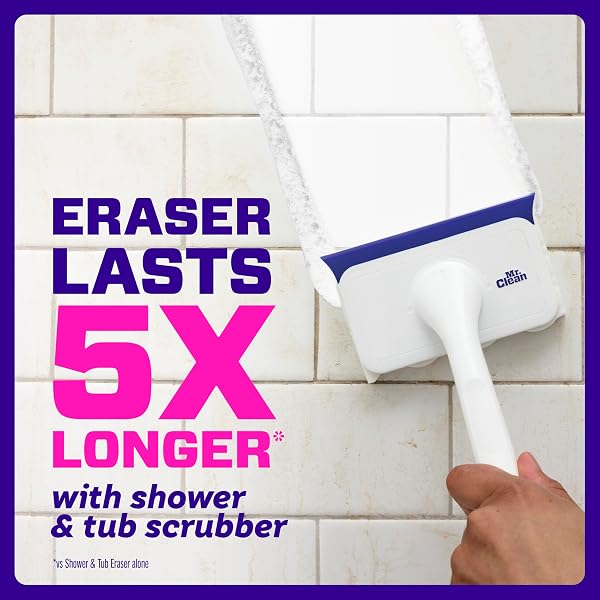 MR. CLEAN MAGIC ERASER SHOWER & TUB SCRUBBER, BATHROOM CLEANER, ALL IN ONE BATHROOM CLEANER, LEMON STARTER KIT, 1 SCRUBBER & 2 FOAMING MAGIC ERASERS