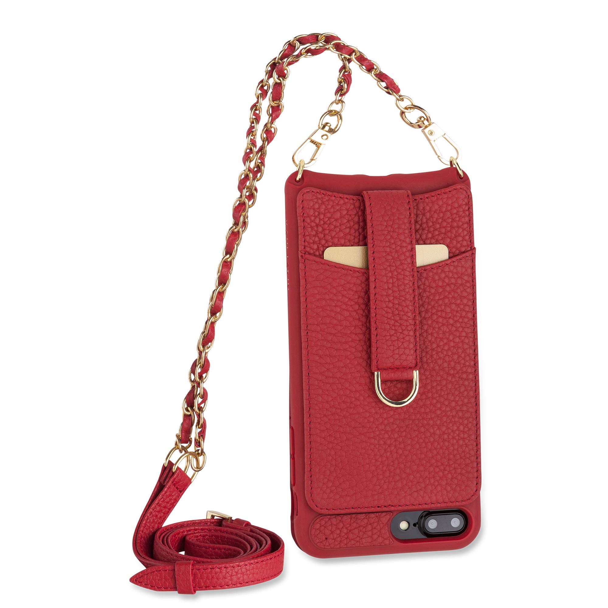 Vaultskin VICTORIA Crossbody Wallet Case, Lanyard with Card Holder (Red - Chain & Leather Strap, for iPhone 7 Plus / 8 Plus)