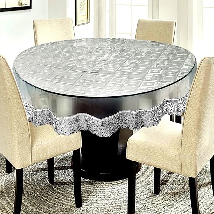 E-Retailer Waterproof Transparent Round Table Cover with Silver Lace Square Pattern(Suitable for 4 Seater, 60 inch Diameter)