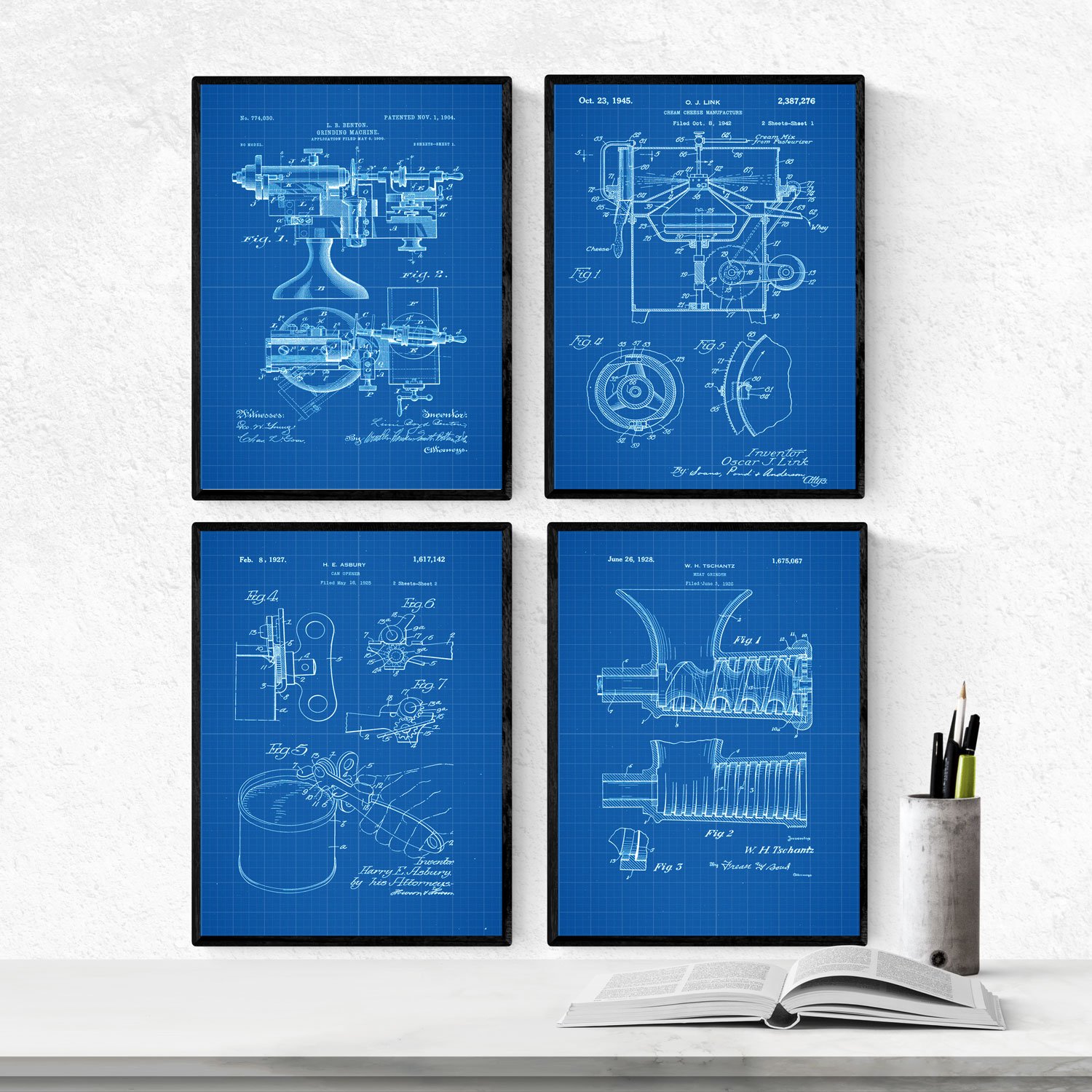 Nacnic BLUE - Pack of 4 sheets with patents kitchen. Set posters with inventions and old patents. Choose the color you like. Printed on 250 grams — image 1