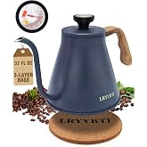 LRYYBTI 37oz Gooseneck Pour Over Coffee Kettle | Lid Thermometer, Stainless Steel, Wooden Anti-Scald Grip, 3-Layer Base, All Stove Compatible