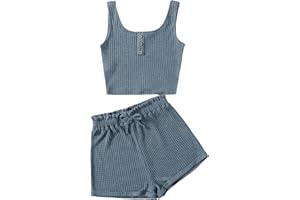 RoseSeek Girl's 2 Piece Outfits Waffle Knit Scoop Neck Button Down Crop Tank Tops Paperbag Waist Track Shorts