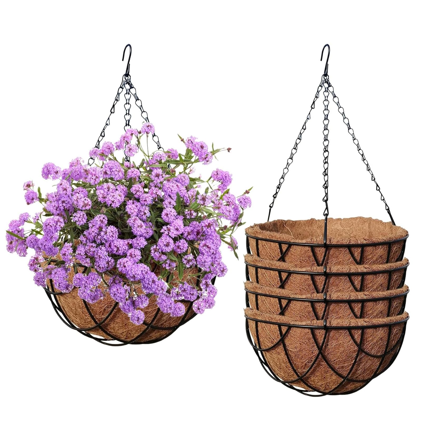 QIODAZOO 4 PCS Hanging Flower Basket with Coco Liner, Hanging Basket Metal for Flower Plants, Garden Hanging Baskets Outdoor Decoration (Dia. 21cm, Black)