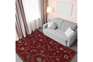 OTTOMANSON Machine Washable Floral Leaves Design Non-Slip Rubberback 3x5 Traditional Area Rug for Living Room, Bedroom, Kitchen, 3'3" x 5', Red