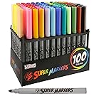 Super Markers Set with 100 Unique Marker Colors - Universal Bullet Point Tips for Fine and Bullet Lines - Bold Vibrant Colors - Includes a Marker Storage Rack - 100% Satisfaction Guarantee