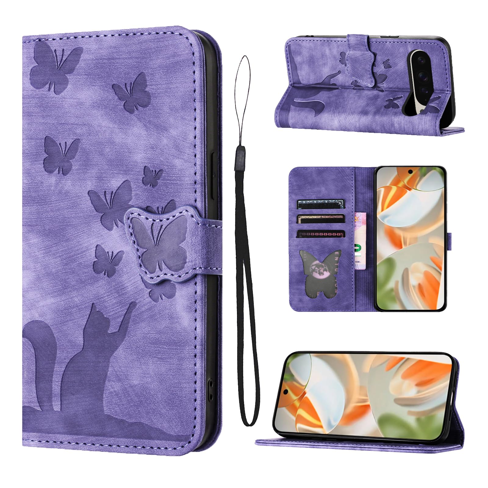 LSPCASA Phone Case For Google Pixel 9 Pro XL 6.73 inch Premium PU Leather Material Google Pixel 9 Pro XL Case With Card Slots Cat Butterfly Pattern Purple