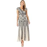 R&M Richards Women's Elegant Cap Sleeve V-Neck Maxi Dress | Formal Embellished Sequin Panel Gown | Evening Cocktail Attire