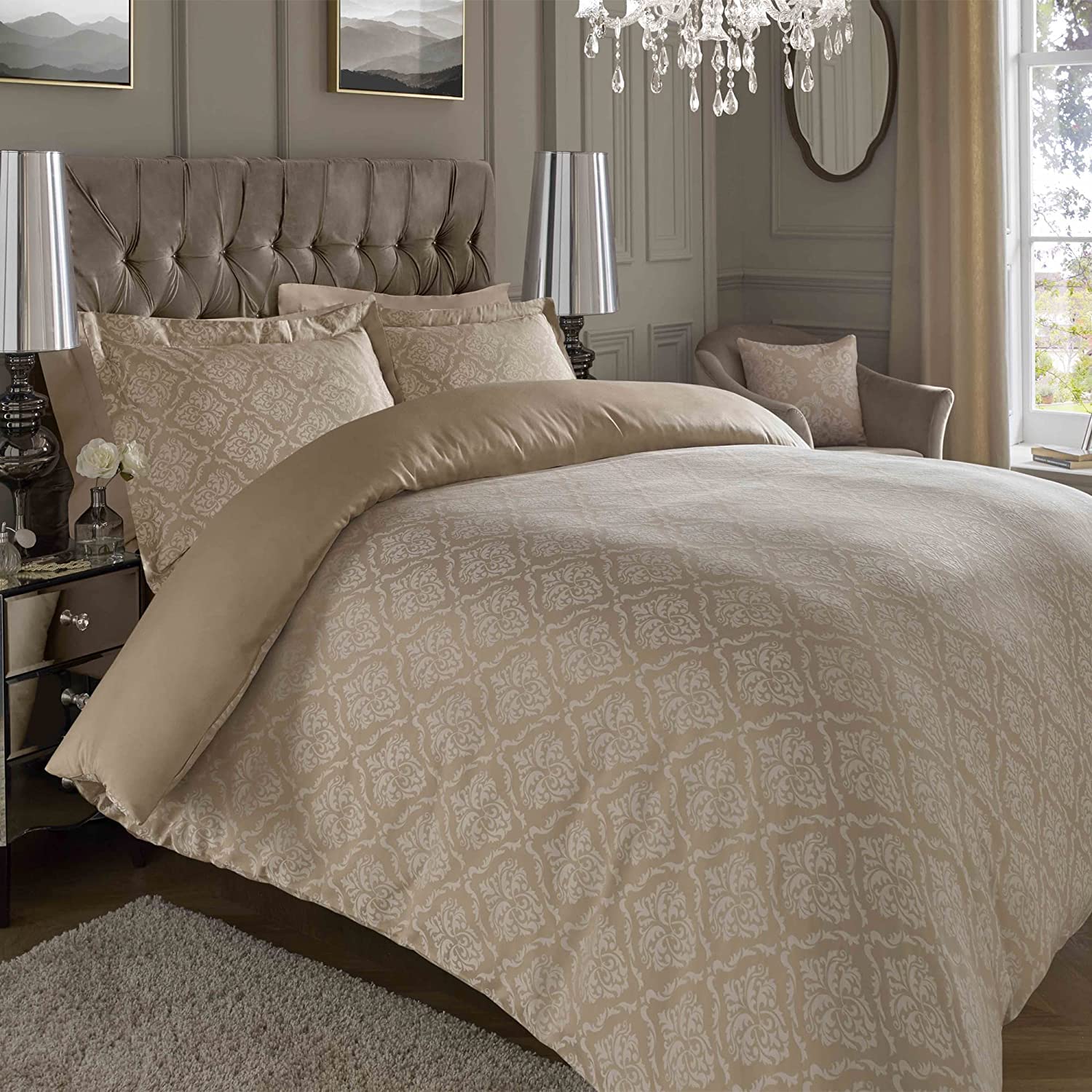 ED Luxury 600 Thread Count Jacquard Duvet Cover 3 Piece Set Super Soft Cotton Rich & Warm Bedding Damask Pattern Quilt Cover (Super King, Natural Damask)