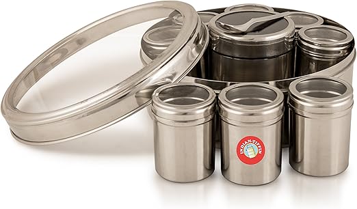 Auténtica caja de especias india Masala Dabba con tapas herméticas (tapa transparente): Amazon.es: Hogar