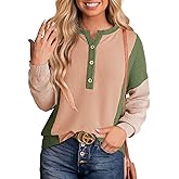 Dokotoo Womens Casual Color Block Knitted Long Sleeve Shirts for Women Loose V Neck Button Down Pullover Blouses Tops