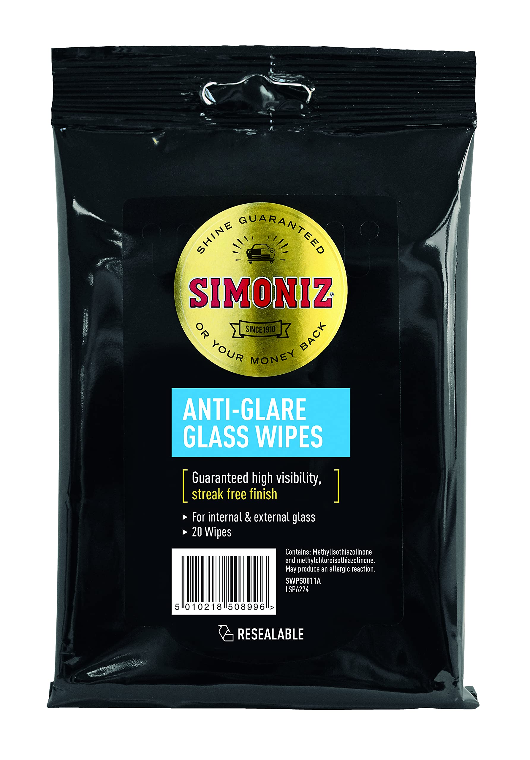 Simoniz SWPS0011A Anti Glare Glass Wipes 20pk
