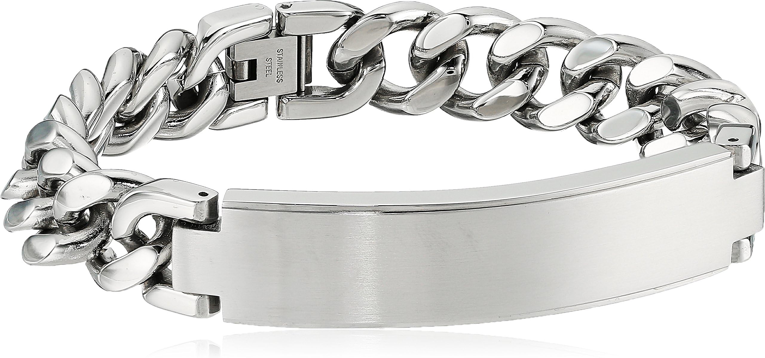 Mens Stainless Steel Identification Curb Chain Identification Bracelet (14mm), 8.5-Inch, White