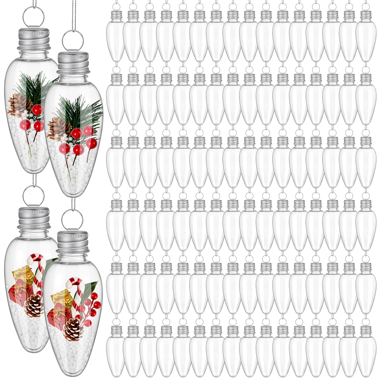 Photo 1 of 128 Pieces Christmas Fillable Light Bulbs Clear Plastic Fillable Bulb Hanging Ornaments with Screw Off Cap and Silver Rope Christmas Tree Ornaments Set for DIY Crafts Candy Decoration