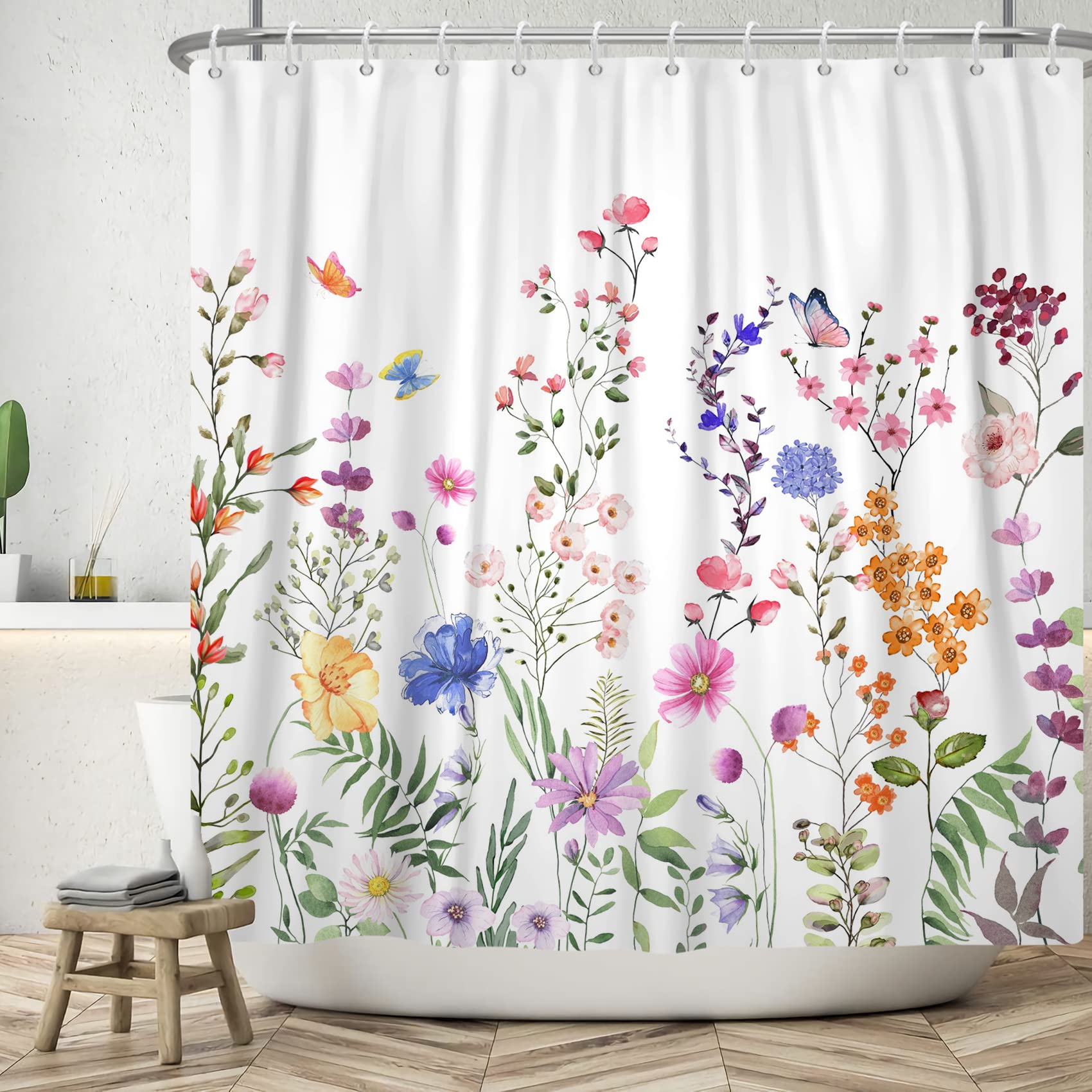 MIRRORANG Watercolour Flower Shower Curtain,Waterproof Mildew & Mould Resistant Polyester Shower Curtain for Bathroom, Decorative Fabric Curtain for Room Tub with 12 Hooks(180 x 180 cm) — image 1