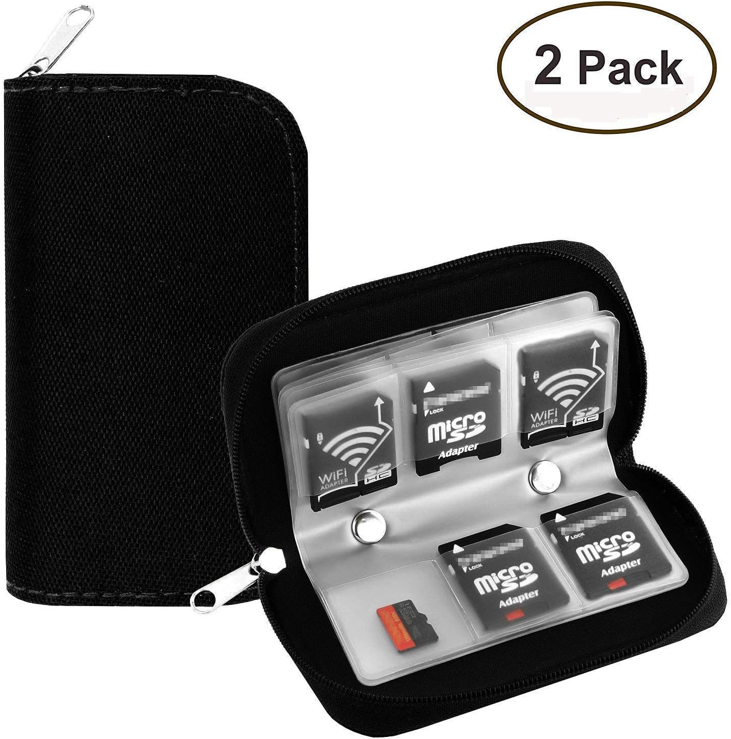 Memory Card Case, WOVTEยฎ Portable 8 Pages and 22 Slots SD SDHC MMC CF Micro SD Memory Card Case Holder Pouch Zippered Storage Bag (Black) - 2 Pack