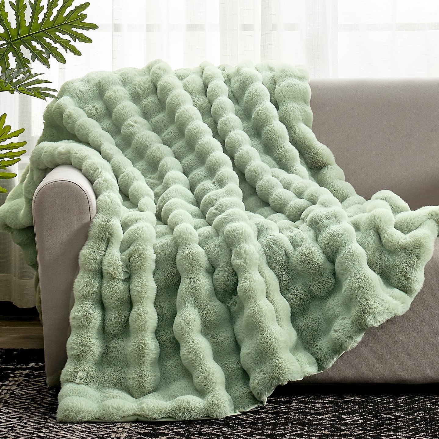 Photo 1 of Cozy Bliss Faux Fur Throw Blanket for Couch, Fuzzy Soft Plush Thick Bubble Blanket for Sofa Bedroom Living Room, 50 * 60 Inches Sage Green