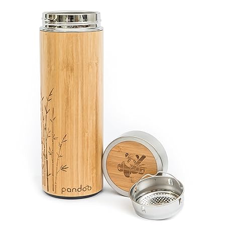 pandoo Bambus Thermobecher - doppelwandige Thermoflasche, Reisebecher, Teebereiter, Teeflasche, Trinkflasche mit Edelstahl Te