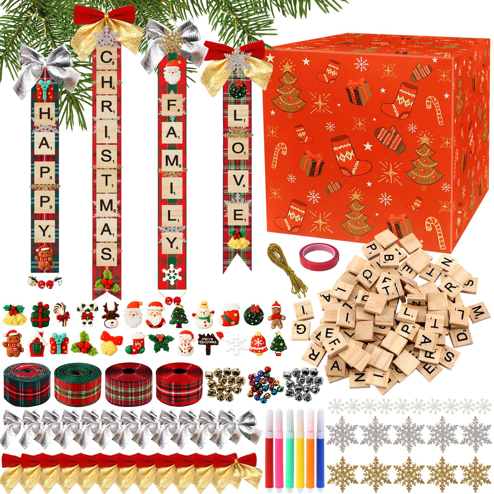 Photo 1 of 228 Pcs Christmas Ornaments DIY Christmas Tree Decorations Letter Ribbon Bells Bow Hanging Xmas Decor for Xmas Tree Present Wreath Room Holiday Supplies