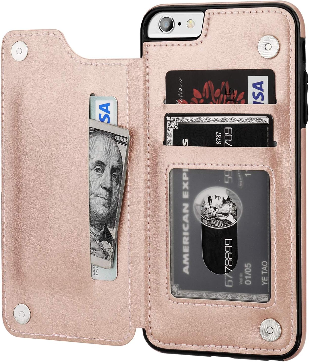 iPhone 6s Plus iPhone 6 Plus Wallet Case with Card Holder,OT ONETOP Premium PU Leather Kickstand Card Slots Case,Double Magnetic Clasp and Durable Shockproof Cover 5.5 Inch(Rose Gold)