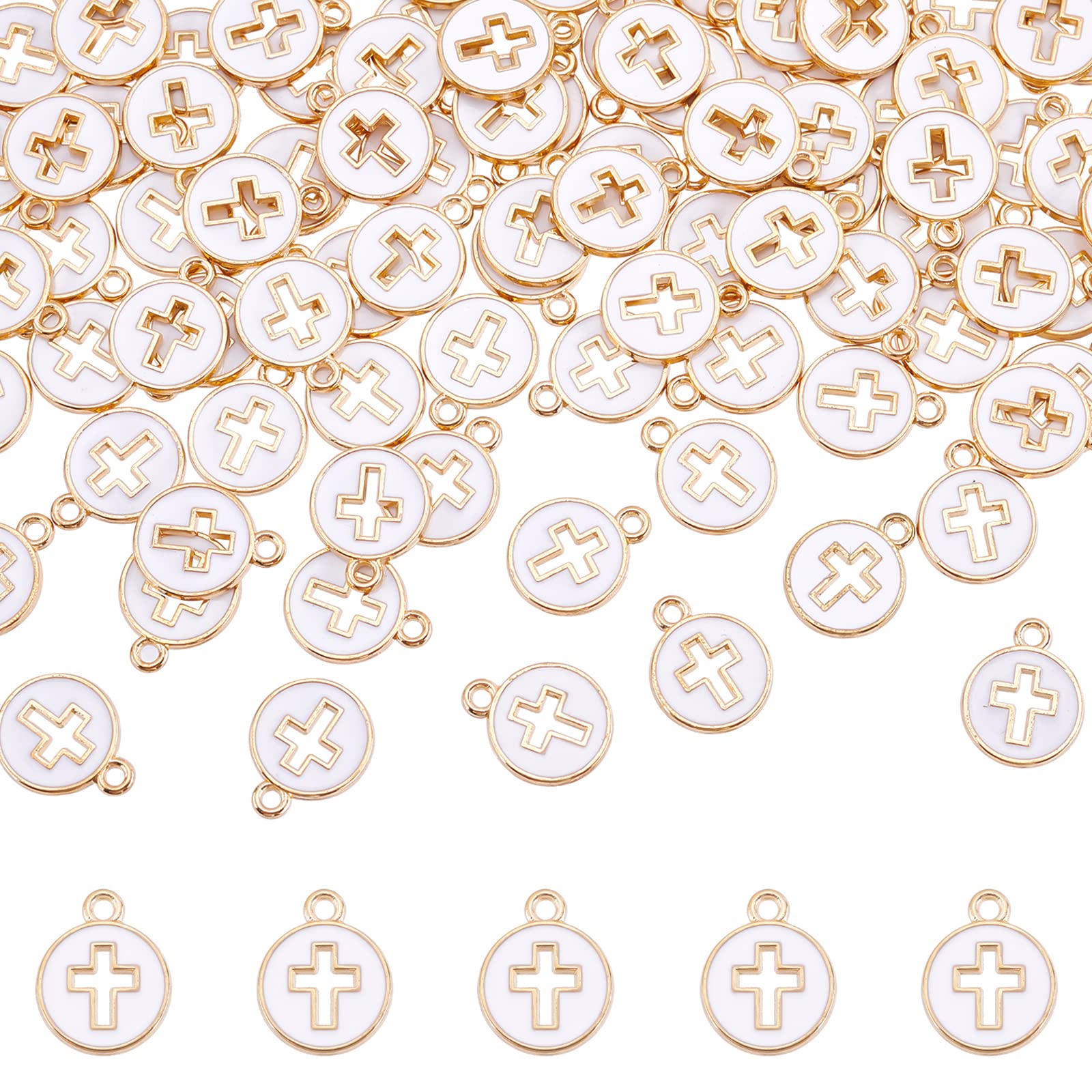 arricraft 100 Pcs Flat Round Enamel Cross Charms, Hollow White Cross Charms Alloy Enamel Crucifix Charm Pendants for Easter Crafting Jewelry Making