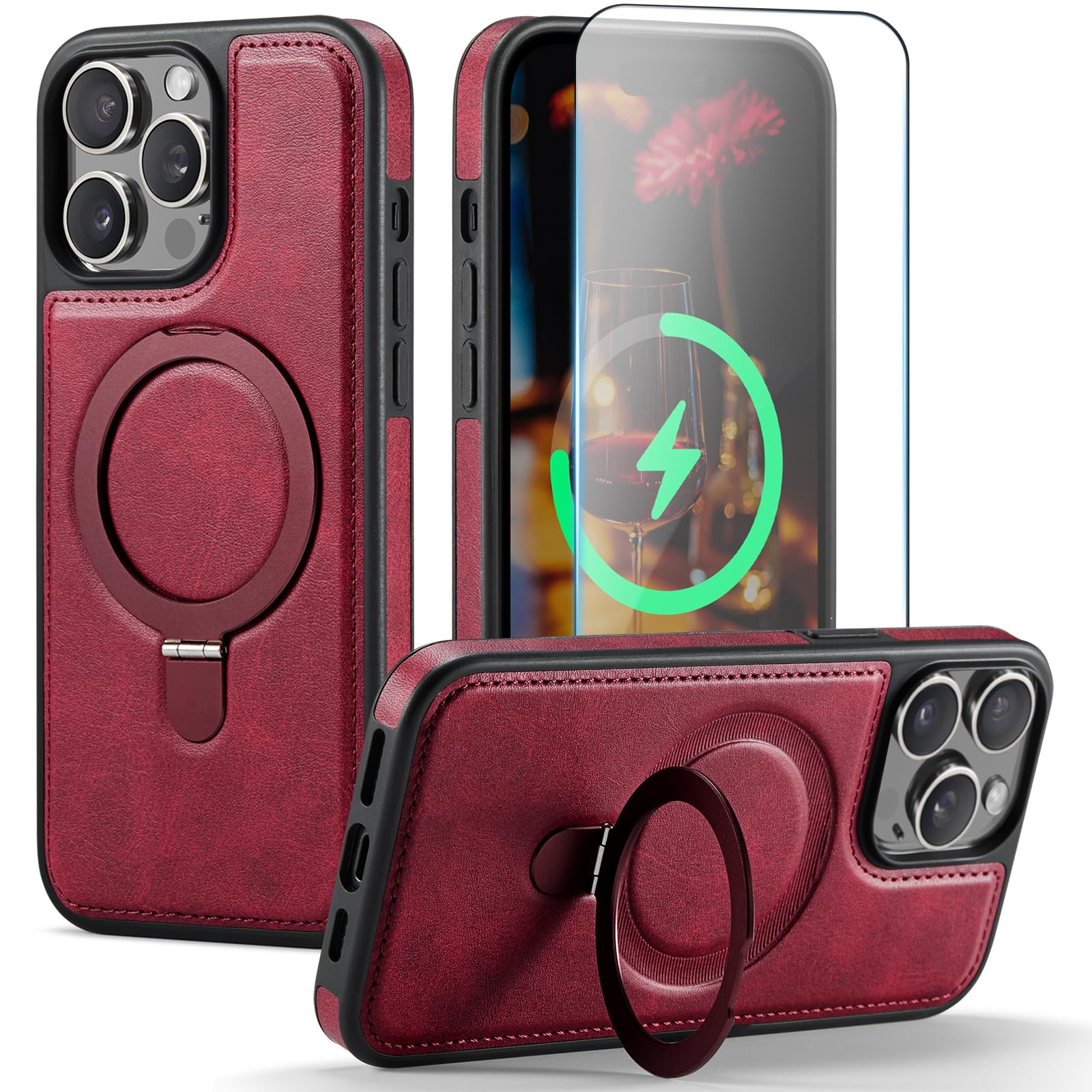 CHEEWADA for iPhone 12 Pro Max Case with Stand, Compatible with MagSafe, Slim PU Leather & Durable TPU Protective Kickstand Magnetic Phone Cases with Tempered Glass Screen Protector 6.7", Red