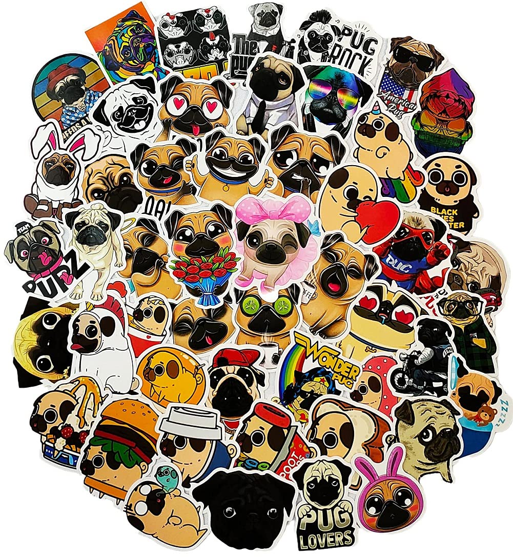 50 Pcs Cute Funny Pug Waterproof Vinyl Stickers Decals for Water Bottles Laptop Phone Cases, Dog Puppy Stickers Pack for Kids Teens, Teacher Reward Stickers, DIY Pug Theme Party Favor & Supplies