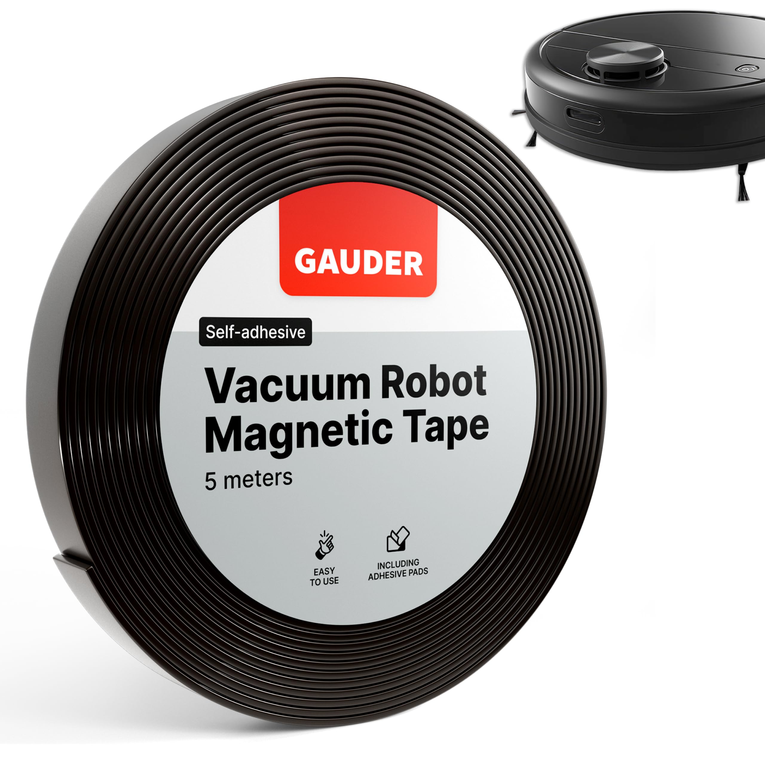 GAUDER Vacuum Robot Magnetic Tape - Boundary Strip for Robotic Vacuum Cleaners - Virtual Wall Compatible with Neato, Xiaomi, Miele, Vorwerk & Tesvor (5 m x 25 mm)