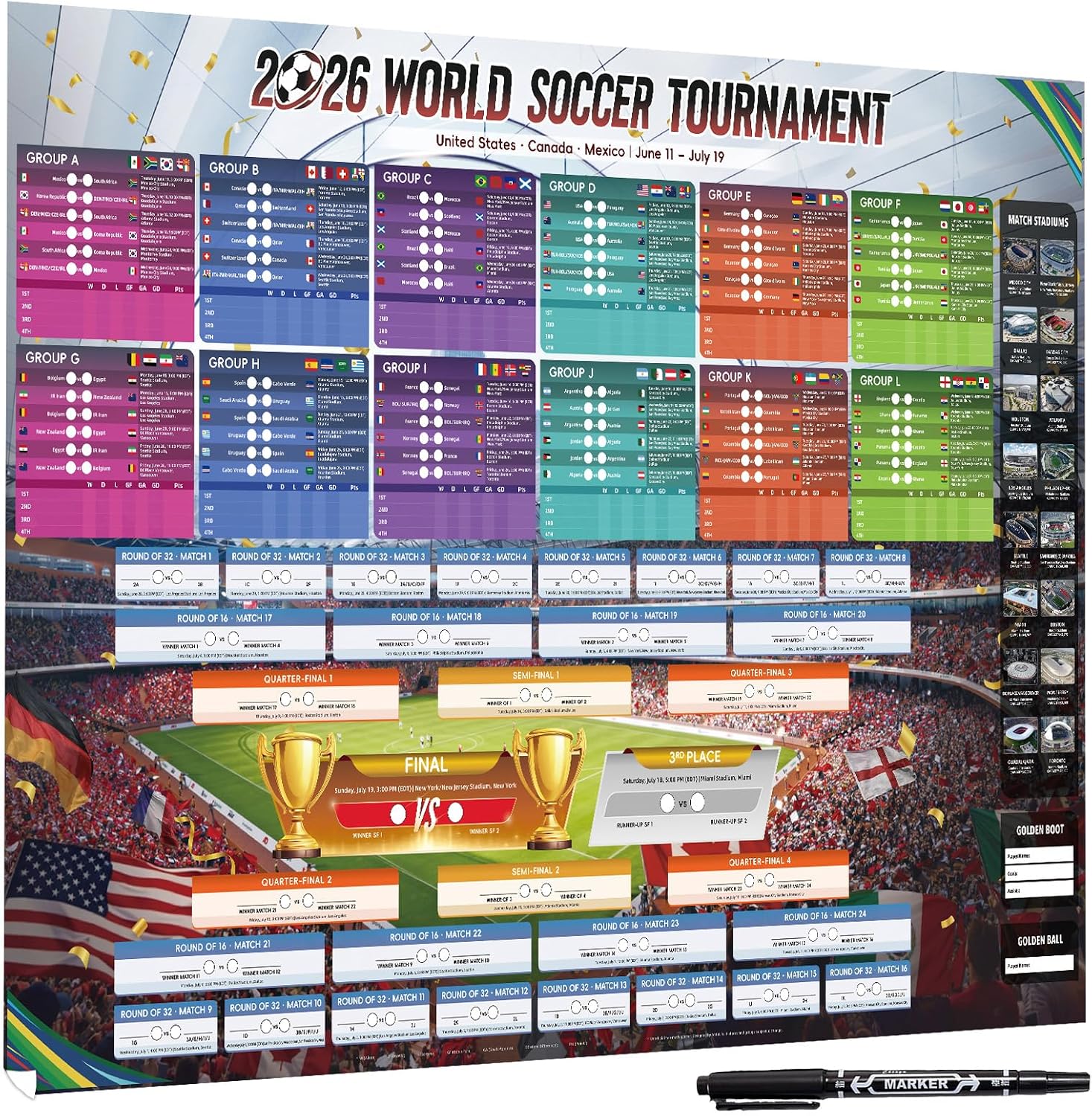 AhfuLife Extra Large Soccer Schedule Poster 2026, 39.4" x 27.6", 1 Pc Sports Calendar Wall Chart Decorations, Soccer Tournament Wallchart for Fans Home Office Bar Party Decor