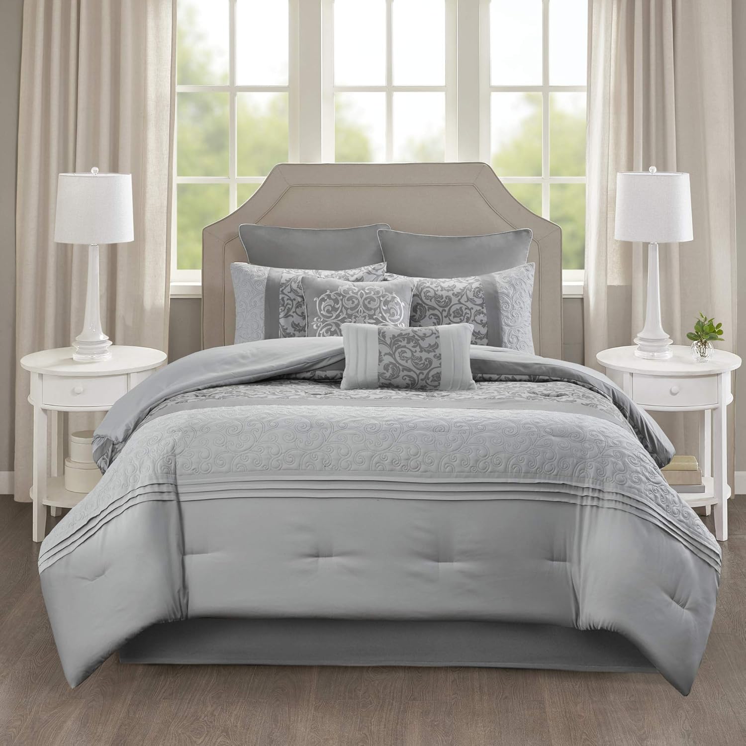 510 Design Ramsey 8 Piece Comforter Floral Scroll Quilted Design, Stripes Accent, Embroidered Toss Pillow Modern Classic All Season Bedding Set, Matching Sham, Bedskirt, King(104"x92"), Grey: Home & Kitchen