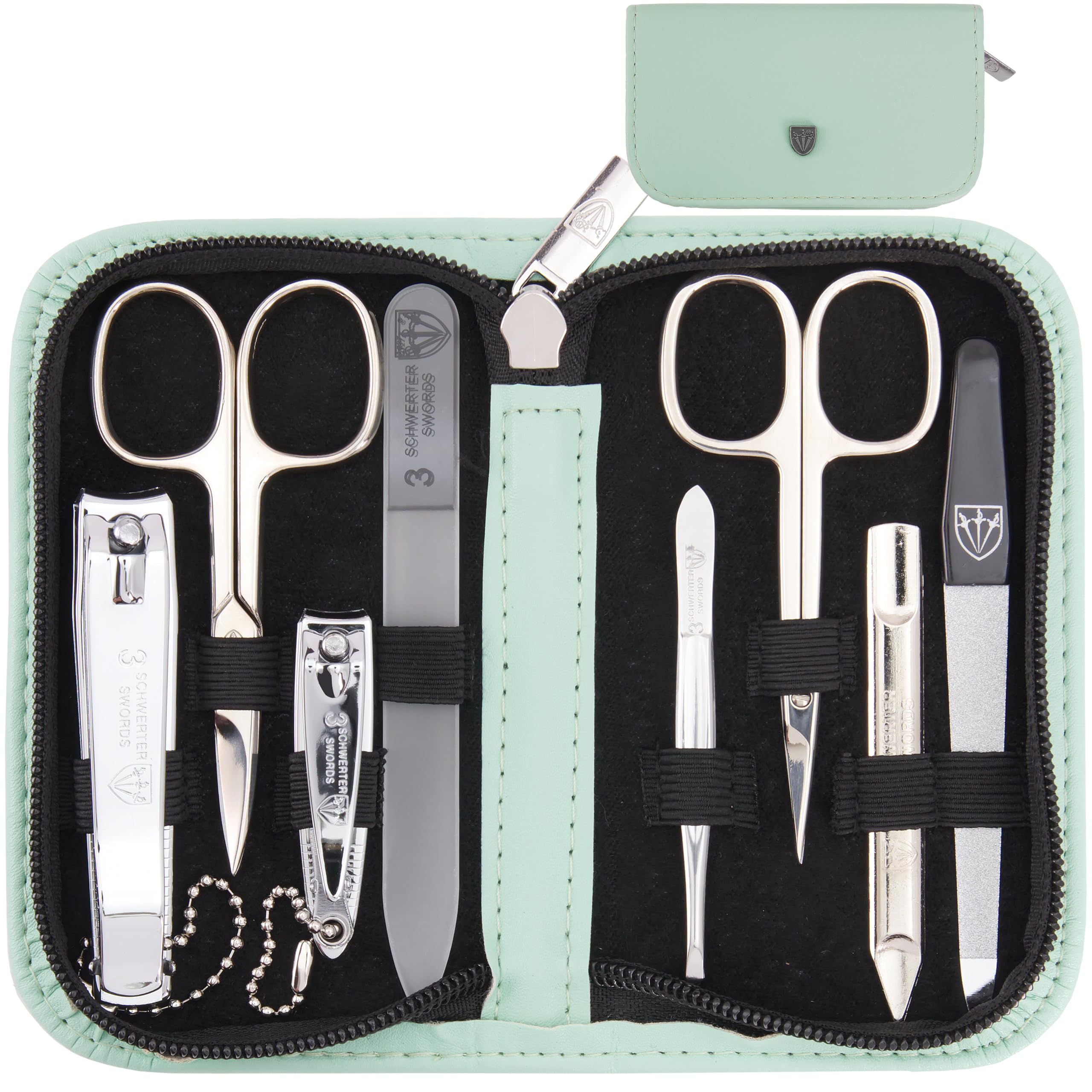 3 Swords Germany - brand quality 8 piece manicure pedicure grooming kit set in mint fashion leather case in gift box - Made by 3 Swords