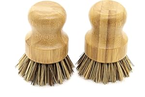 AUEAR, Natural Bamboo Dish Scrub Brush Cleaning Pot Scrubber Brushes Coconut Bristles for Cast Iron Skillet Pots Pans (2-Pack, Deep Color)
