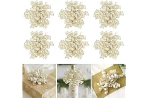 AIMUDI White Cotton with Gold Metallic Edge Curly Bows for Gift Wrapping 5'' Christmas Curly Bows Self Adhesive Gift Bows for Christmas Gifts, Treat Bags, Wine Bottles Holiday Decorations - 6 Counts