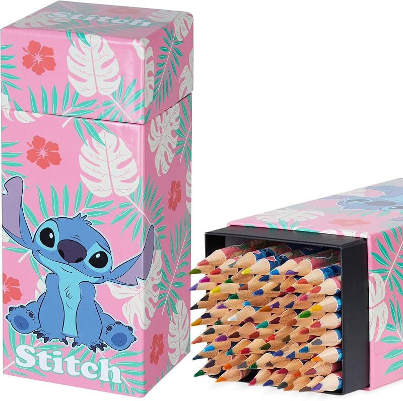 Disney 72 Pencils Colouring Box for Kids Art Supplies Pink Stitch Gift