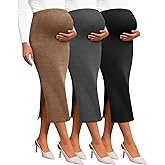 Neer 3 Pack Women's Maternity Skirts, Split Midi High Waist Ribbed Knit Solid Stretchy Pregnancy Pencil Long Skirt Clothes