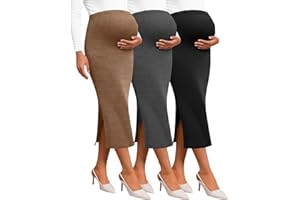 Neer 3 Pack Women's Maternity Skirts, Split Midi High Waist Ribbed Knit Solid Stretchy Pregnancy Pencil Long Skirt Clothes