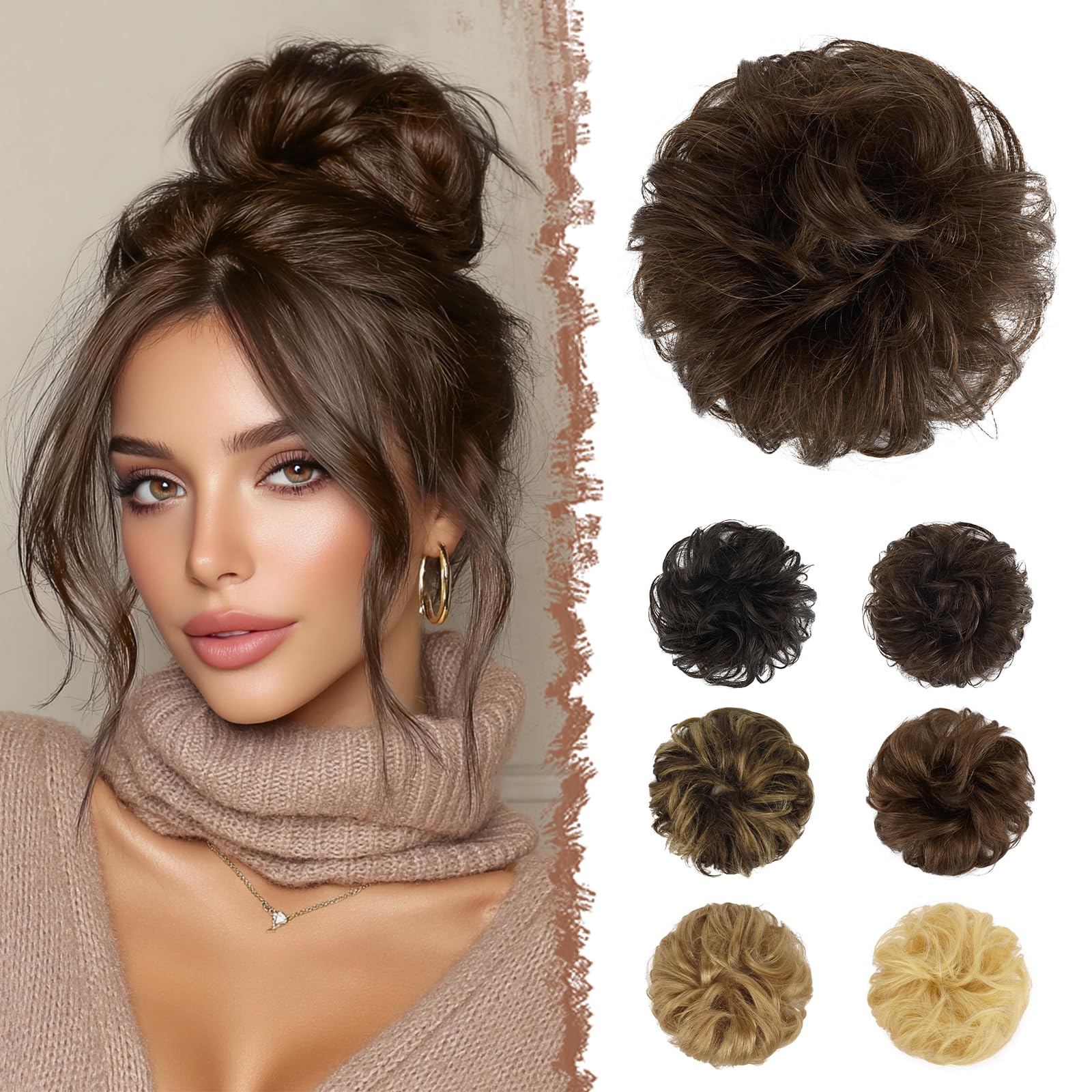 FESHFEN Human Hair Messy Buns, 100% Human Hair Bun Hair Piece Real Hair Extension Wavy Curly Hair Scrunchies Tousled Updo Chignon Hairpieces for Women Girls, Medium Chestnut Brown