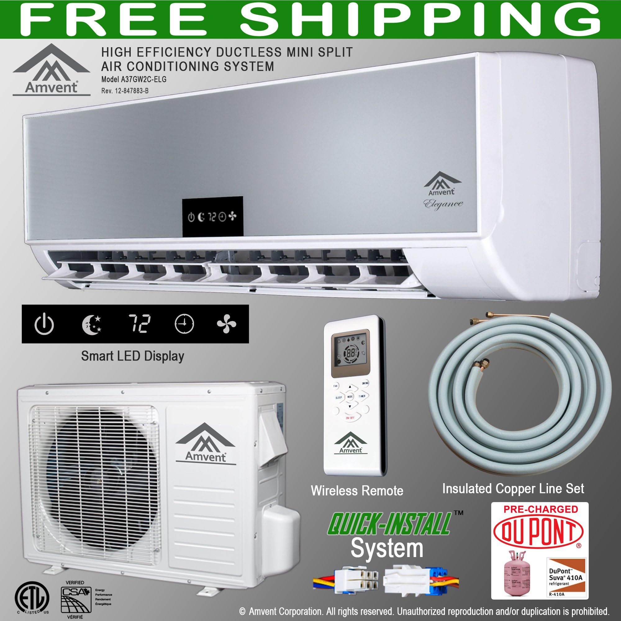 Amvent 12000 BTU 1 Ton Ductless Wall Mount Mini Split Room Air Conditioner AC Conditioning Cooling System Unit