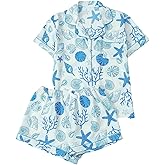 WDIRARA Women's 2 Piece Ocean Print Pajama Sets Starfish Shell Sleepwear Button Down Shorts Pjs Set