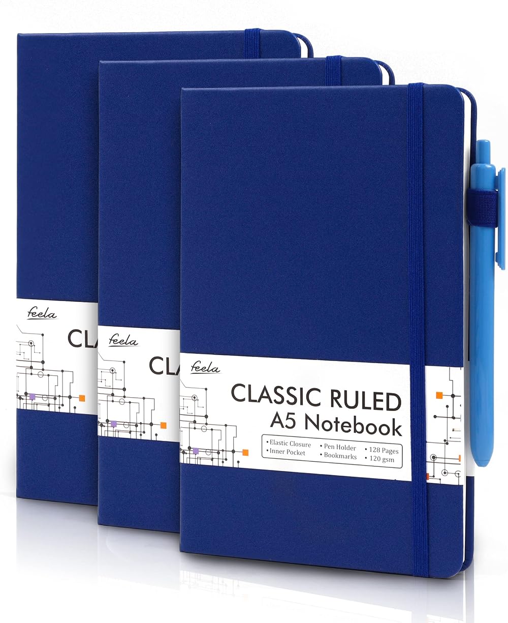 feela A5 Hardcover Notebooks 3 Pack with 3 Black Gel Pens Navy 128 Pages