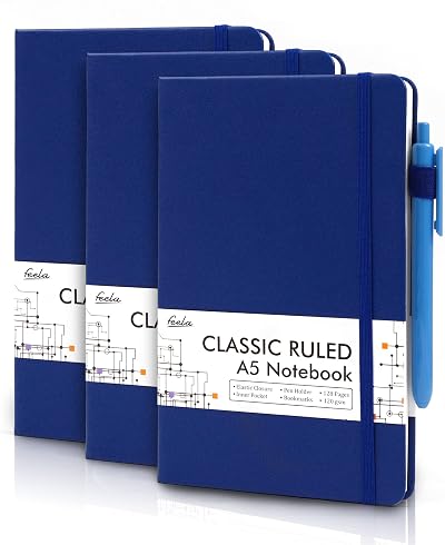 feela A5 Hardcover Notebooks 3 Pack with 3 Black Gel Pens Navy 128 Pages