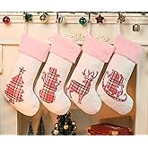 NEXAVENT White Pink Christmas Stockings 4 Pack 20" Large Embroidered Buffalo Plaid with Pink Fur Fireplace Hanging Xmas Stockings for Family Holiday Season Decor(Set of 4)