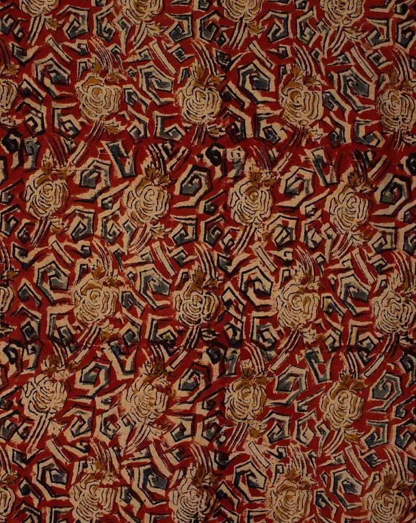 Fabriclore Maroon & Beige Hand Block Kalamkari Cotton Fabric by The Yard