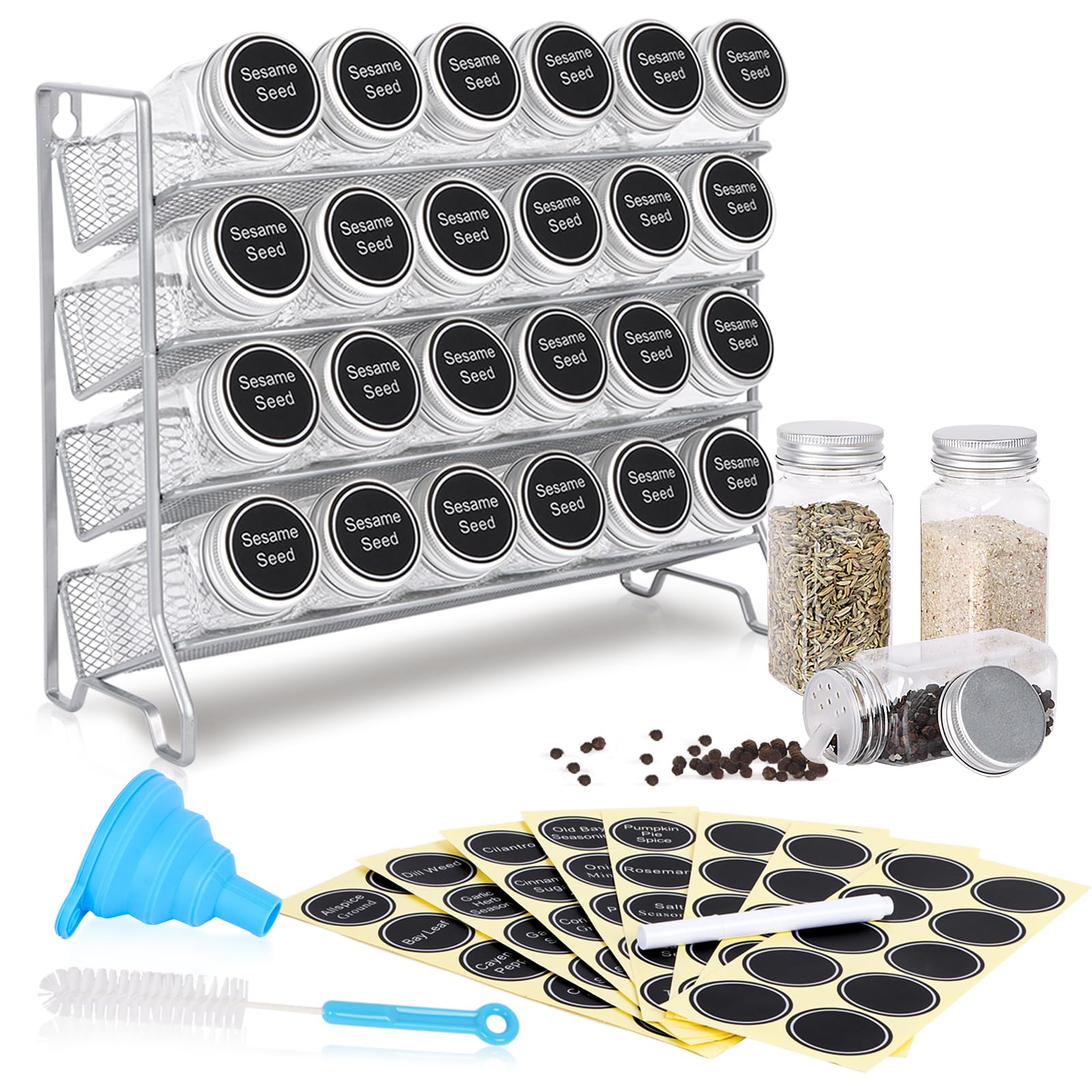 Bomclap 4T Spice Rack, Standing Kitchen Rack, Metal Holds Lots of Spice Jars, Spice Organiser for Kitchen Cabinet, 24 Plastic Spice Jars, 80 Labels, Funnel and Chalk Mark (Silver Grey)