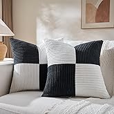Fancy Homi Set of 2 Black White Decorative Throw Pillow Covers 18x18 Inch with for Couch Bed Sofa Living Room, Soft Cross Patchwork Striped Corduroy Modern Square Cushion Case 45x45 cm