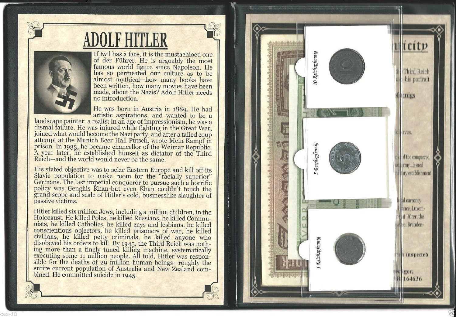 Hitler Third Reich Set of 3 Coins & 2 Banknotes From WWII ,Album & Certificate.FREE SHIPPING