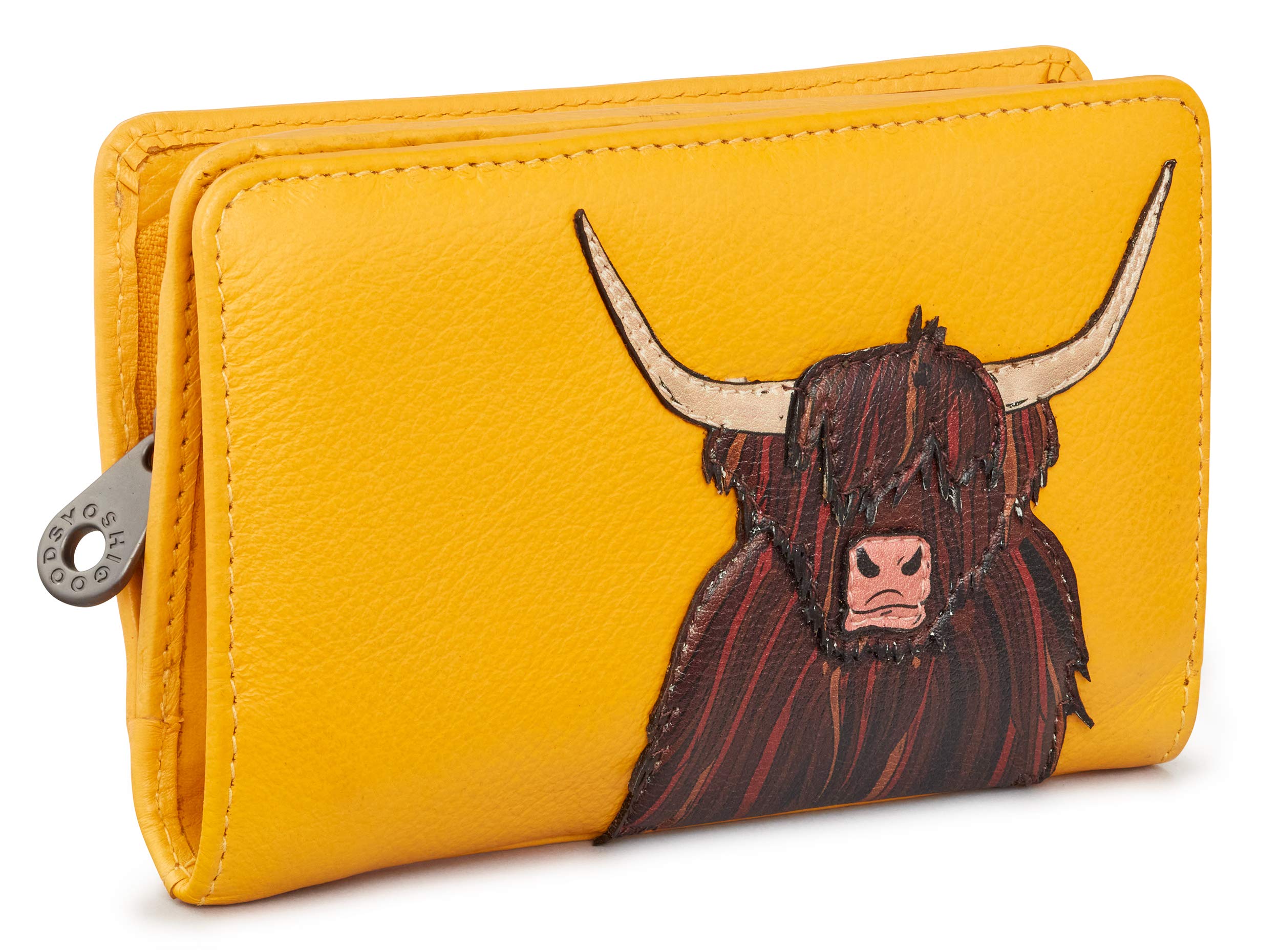 Highland Cow Leather Flap Over Zip Round Purse with RFID Protection by Yoshi