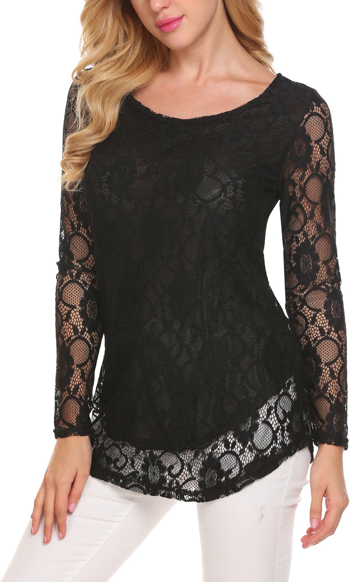Women's Lace Long Sleeve Top Curved Hem Double Layers Blouse Shirt Tops S-XXL