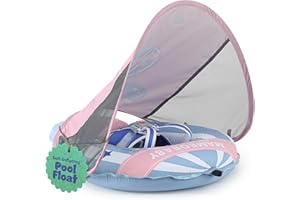 MAMBOBABYFLOAT Light Traveler 2025 — Safe, Comfortable, Adjustable Baby Pool Float with Canopy — Sun Protection, Self-Inflating, 5-Way Buckle System (Hot Air Balloon, Blue)